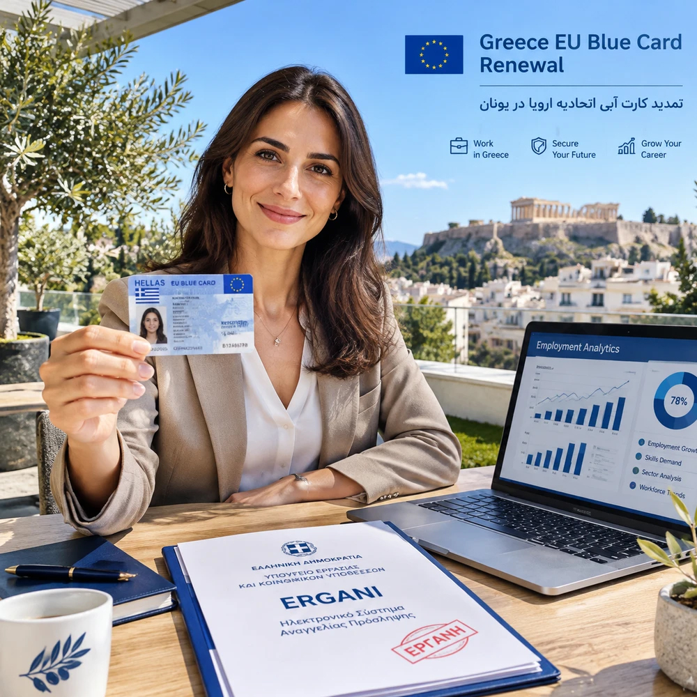 تمدید اقامت و مجوز کار کارت آبی اتحادیه اروپا در یونان-(Greece EU Blue Card Renewal – Directive 2021/1883 & Greek Law 5038/2023)
